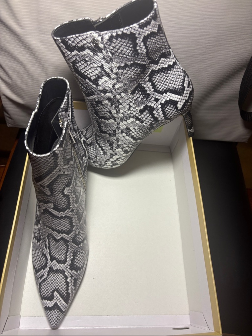 Michael Kors Black & White Snake-Print Pointed Toe Ankle Boots